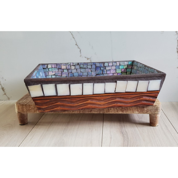 VTG Mosaic Wood Box Victorian Ladies Scene Mother of Pearl Tile Inlay MCM Decor - Picture 3 of 11